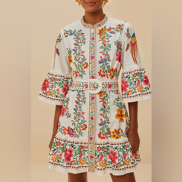 FARM Rio Dresses & Skirts - FARM Rio White Floral Embroidered delicate forest Belted Mini Dress xs